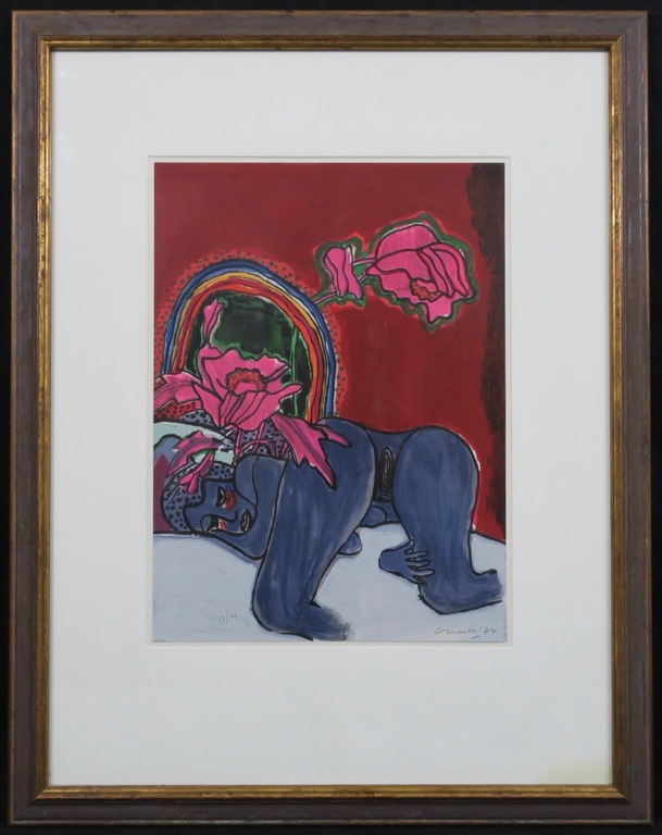 Corneille: Zeefdruk, Vrouw en bloemen - Ingelijst verkocht voor € 250!