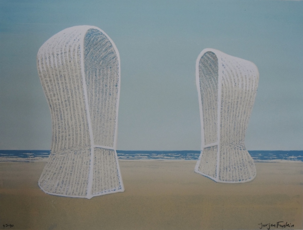 Jurjen Fontein: Zeefdruk, Strandtafereel, Gesigneerd verkocht voor € 55!