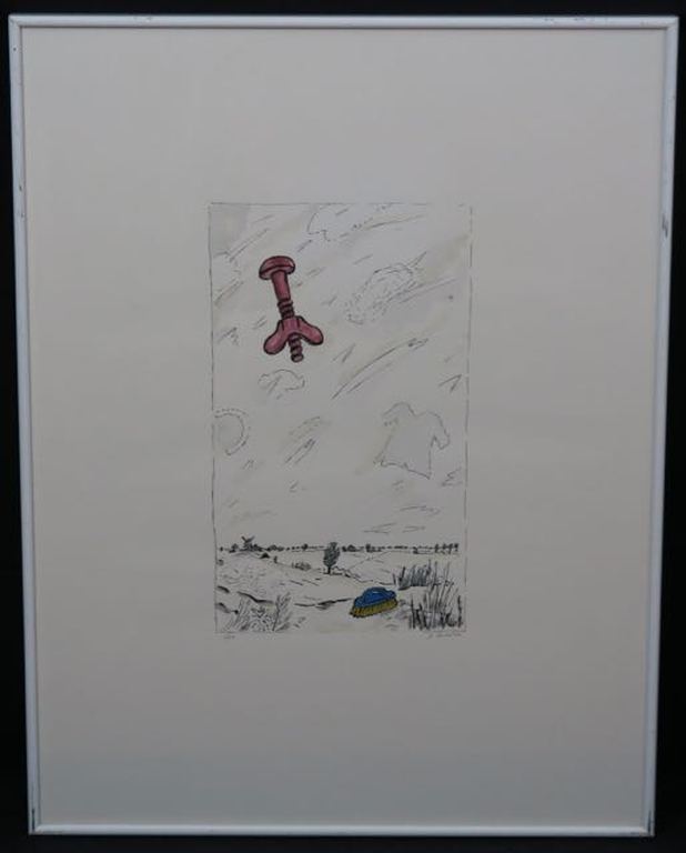 Pieter Holstein: Handgekleurde ets, Landschap met borstel -Ingelijst verkocht voor € 45!