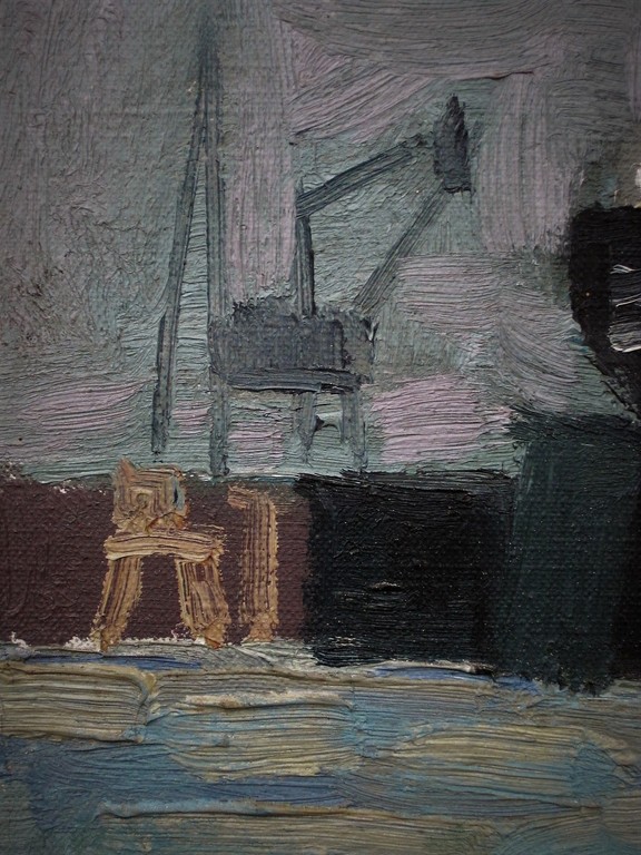 Interessant olieverf op doek ca. 1960 "Haven van Amsterdam" monogram "AT"  kopen? Bied vanaf 1!