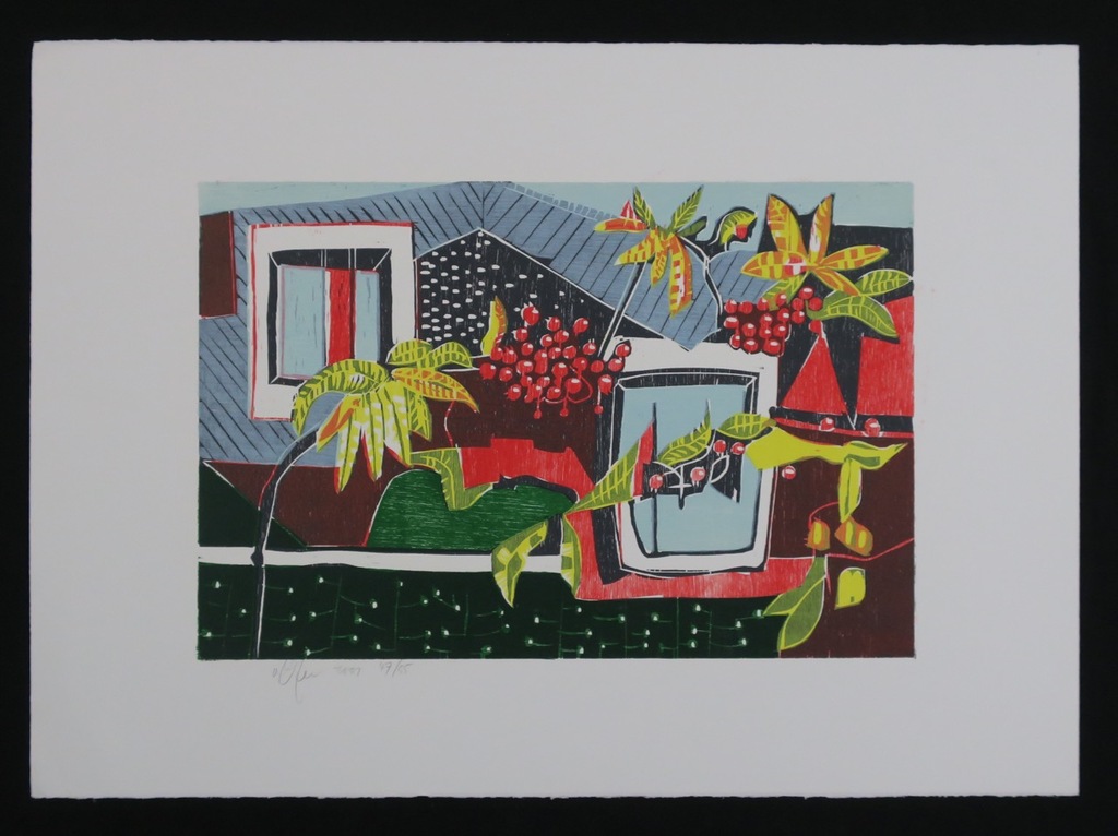 Vincent van Ojen: Houtsnede, Compositie met bessentakjes verkocht voor € 40!