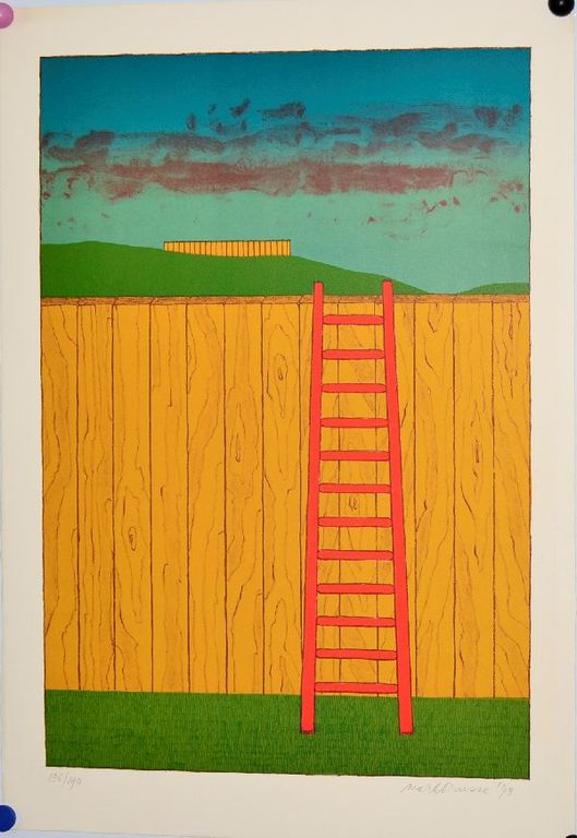 Mark Brusse: kleurenlitho Ladder met schutting verkocht voor € 110!