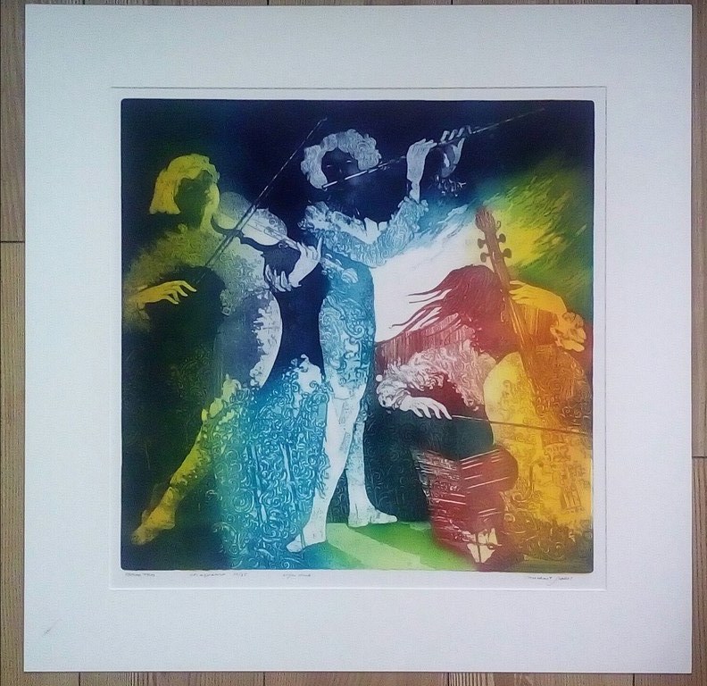 Michael Jepkes: ets/aquatint in passe-partout, Rococo trio kopen? Bied vanaf 80!