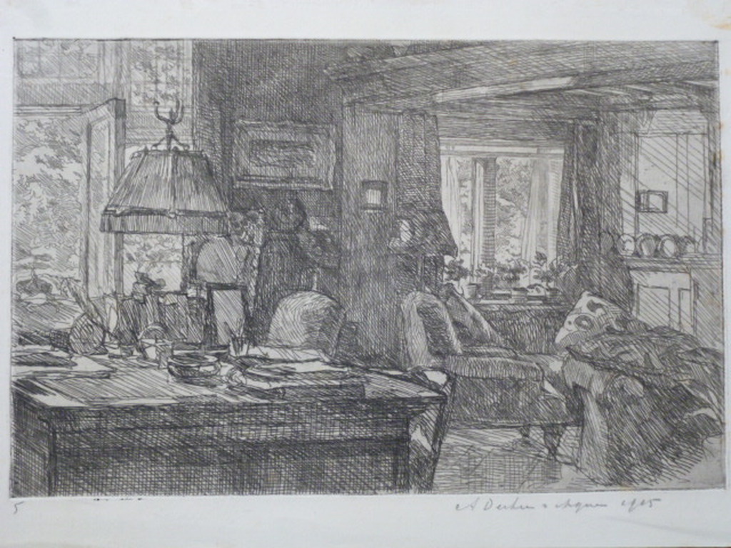 A. Derkzen van Angeren - ets - Werkkamer van D.G. van Beuningen, Rotterdam kopen? Bied vanaf 35!