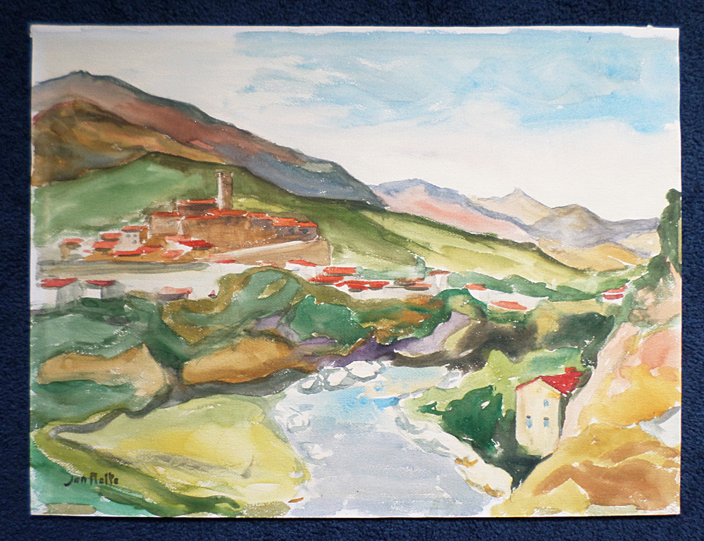 Jan Nolte – Mediterraans dorp bij rivier, aquarel kopen? Bied vanaf 75!