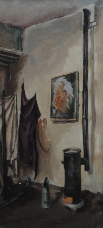 Justin van de Port (1895-1967), olieverf op doek, potkacheltje in interieur  verkocht voor € 40!