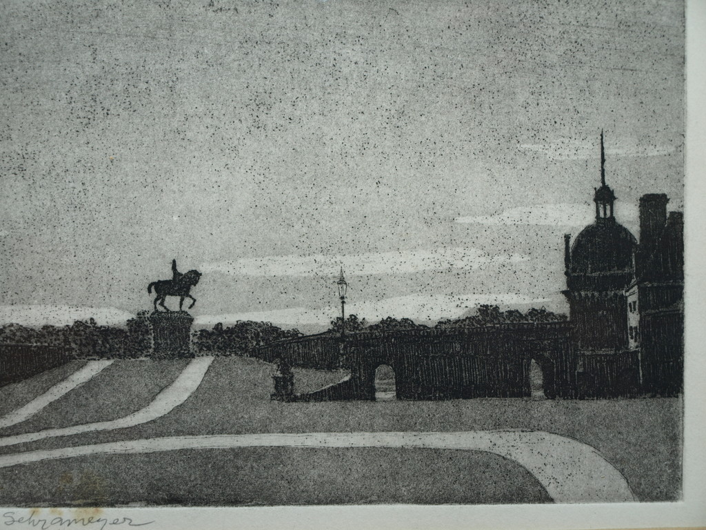 Flip Schrameijer  - Ets – Standbeeld bij paleis – Gesigneerd en ingelijst  kopen? Bied vanaf 1!