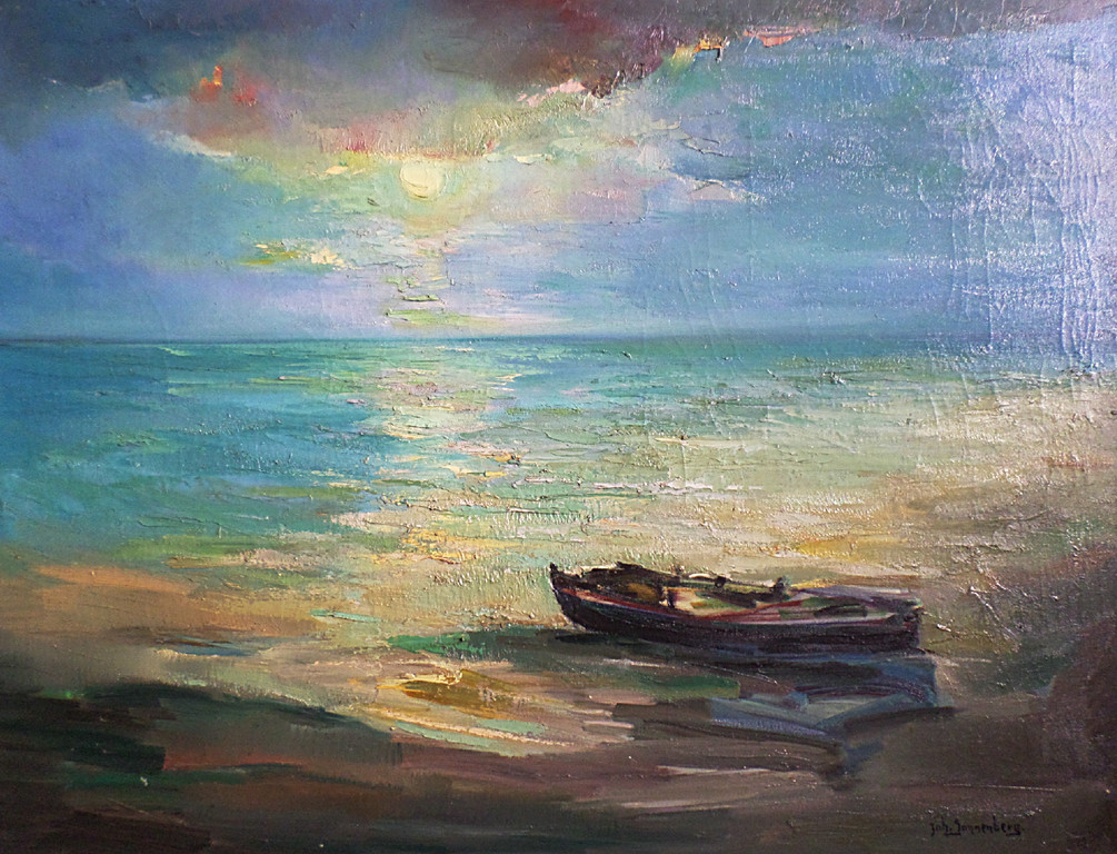 Johan Sonnenberg - Boot op strand, olieverf op doek (ingelijst, groot) verkocht voor € 55!