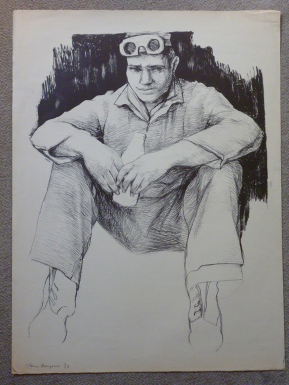 Hans Bayens - litho - Pauzerende lasarbeider verkocht voor € 35!