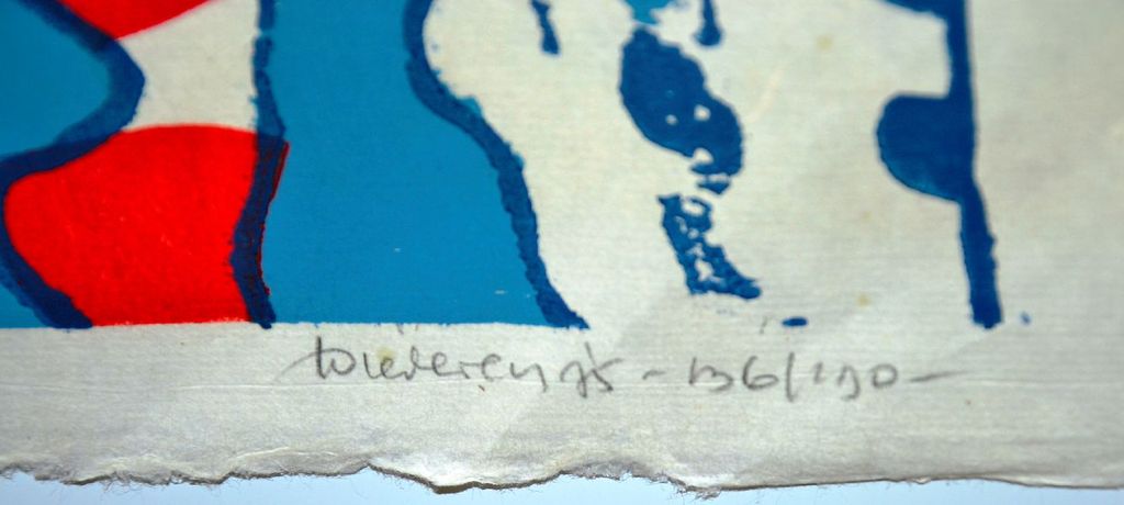 Jef Diederen: Grote hout/Linosnede Blauw -14 IX '74 kopen? Bied vanaf 70!