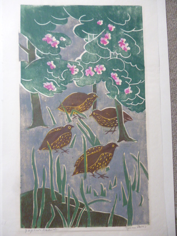 Jeanne Oosting- Kleurenlinosnede - Japanse kwartels verkocht voor € 115!