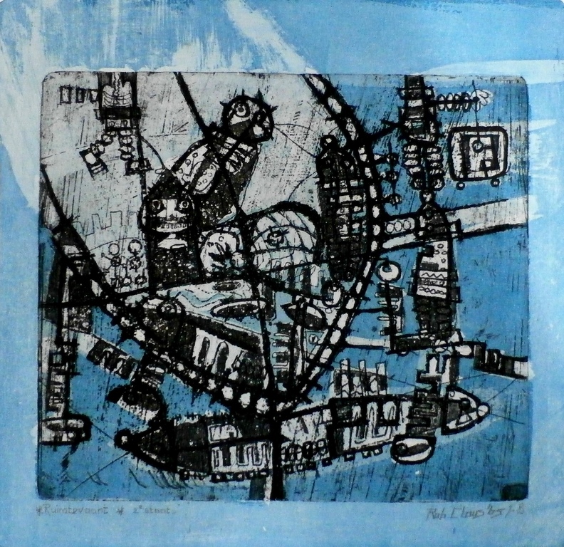 Rob Clous - ets/aquatint: ruimtevaart - 1965 - oplage: 10 stuks verkocht voor € 40!