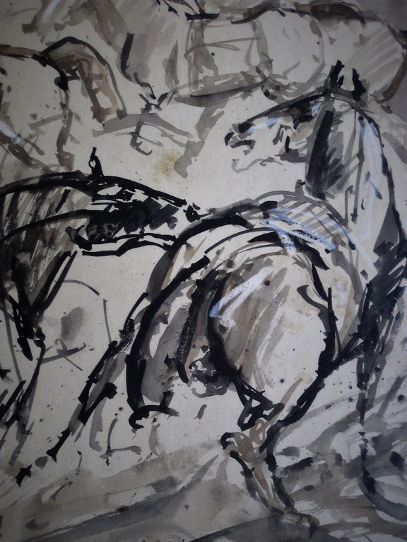 Mooie dynamische Gouache/Inkt "vluchtende paarden" gesigneerd Frits van Eeden   kopen? Bied vanaf 1!