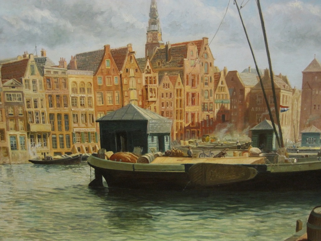 GROOT! oud olieverf "Amsterdam zonnig Damrak" gemonogrammeerd "LS" kopen? Bied vanaf 1!