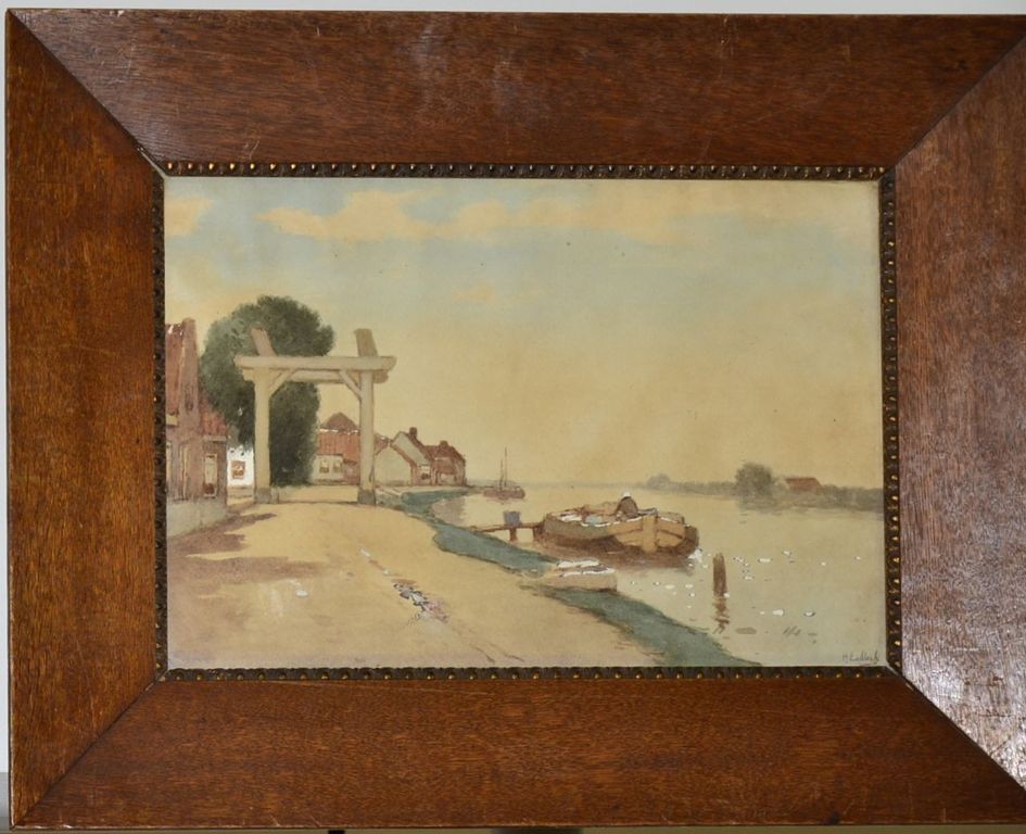 Henri Endlich: Aquarel. Vaart langs een dorp kopen? Bied vanaf 70!