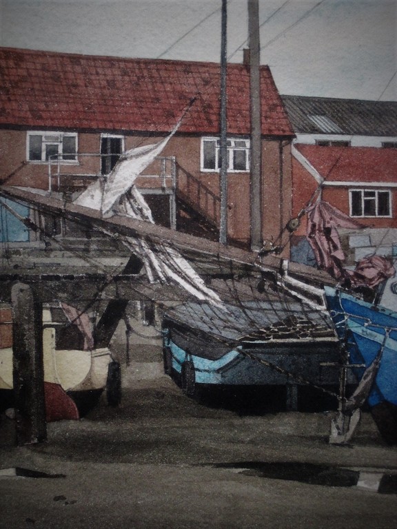 Magnifieke Aquarel "afgemeerde vissersboten" gesigneerd Michel desRochers (1938- kopen? Bied vanaf 1!