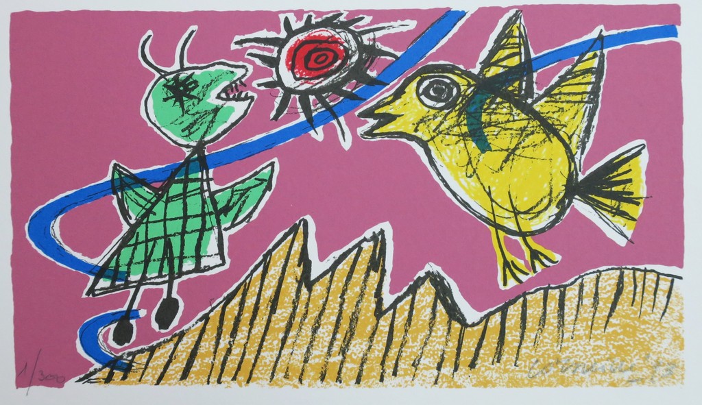 Corneille: Zeefdruk, Z.T. Groen figuur en gele vogel kopen? Bied vanaf 50!