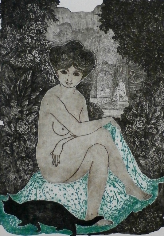 Ank Spronk - ets/aquatint: Het model met de kat  verkocht voor € 55!