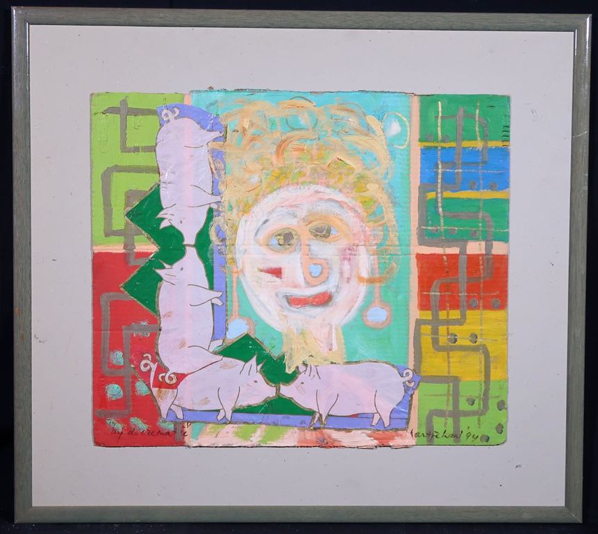 Meertje Kaal: Olieverf en collage op karton, Bij de crematie - Ingelijst kopen? Bied vanaf 1!