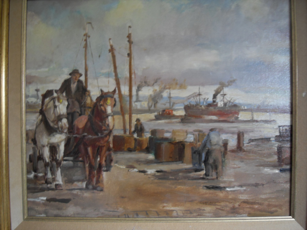 Paard en wagen aan de kade olieverf op doek 40 x 50 mooi gelijst kopen? Bied vanaf 450!