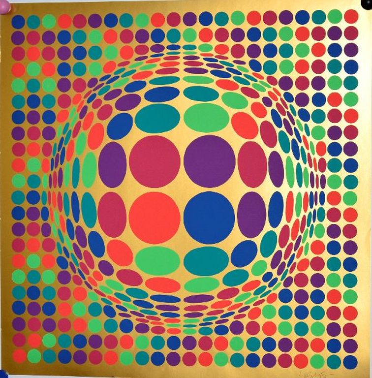 Victor Vasarely: Zeefdruk. Op Art compositie. Met goudprint kopen? Bied vanaf 350!