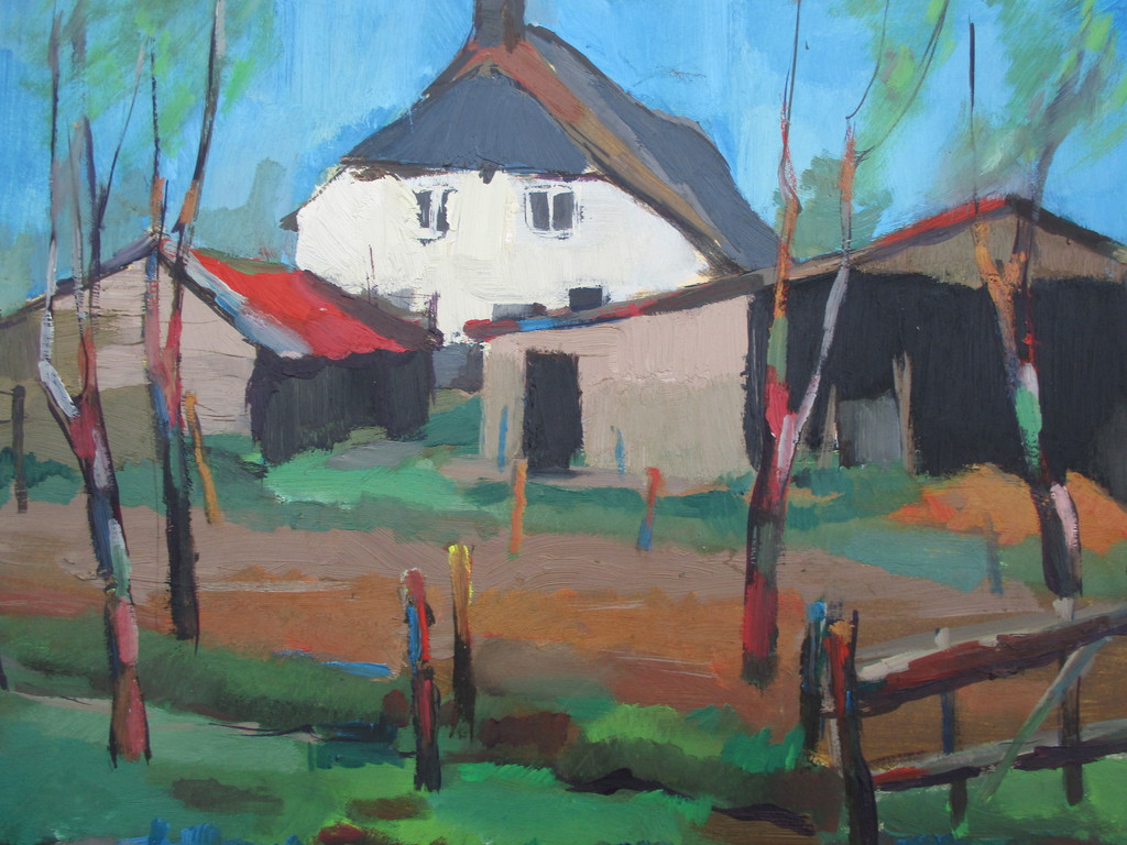 Henri Titselaar: Olieverf op papier, Boerenerf verkocht voor € 75!