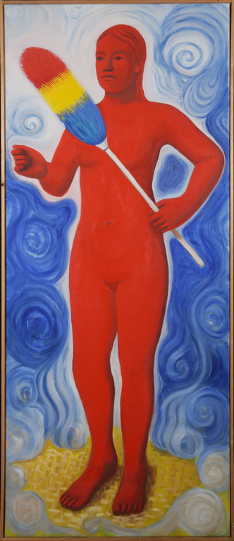 Klaasje Vroon: Olieverf op doek, Rode werkster - Ingelijst verkocht voor € 50!