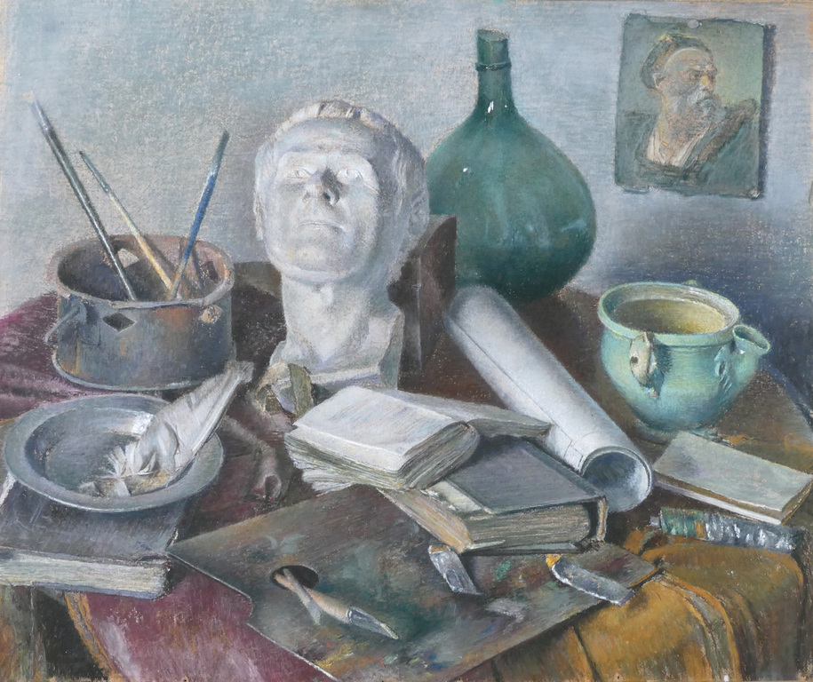 Herman Habes - stilleven met teken- en schilderspullen - pastel  kopen? Bied vanaf 350!
