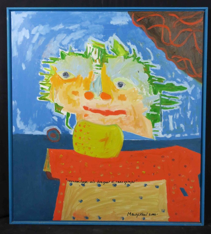 Meertje Kaal: Acryl op doek, Vrouwenhoofd als bouquet in vaas op.. - Ingelijst kopen? Bied vanaf 50!