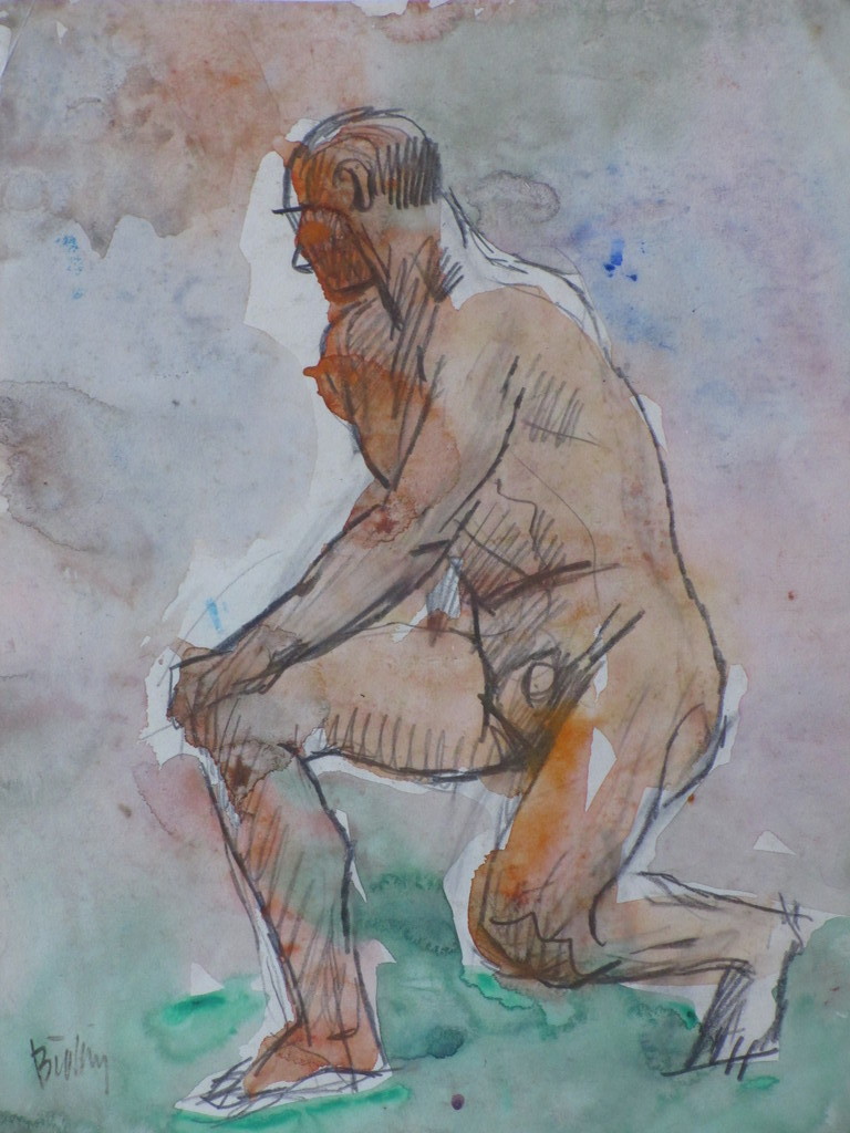 Herman Bieling, Knielend naakt, Gemengde techniek verkocht voor € 40!