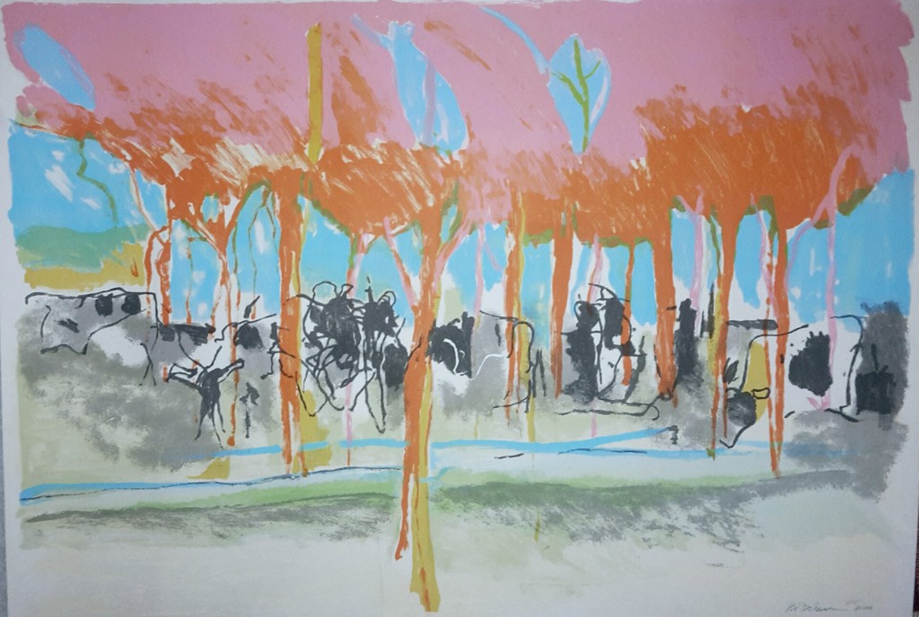 Kees van Bohemen, zeefdruk: Koeien onder oranje bomen '85 verkocht voor € 300!