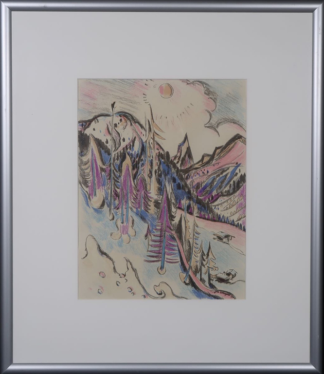Jan Wiegers: Litho, Berglandschap - Ingelijst verkocht voor € 80!