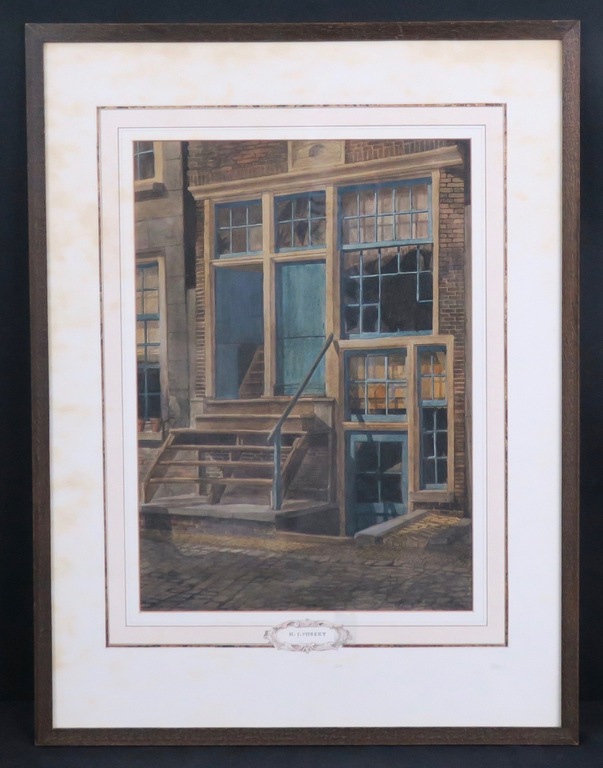 Herman Misset: Aquarel, Geveltrap - Ingelijst verkocht voor € 75!