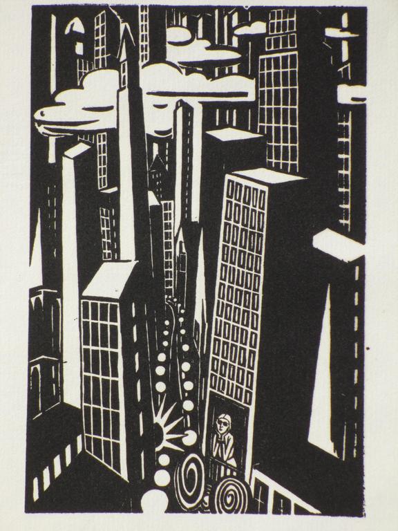 Frans Masereel, Skyskrapers, Houtsnede 1926 verkocht voor € 55!