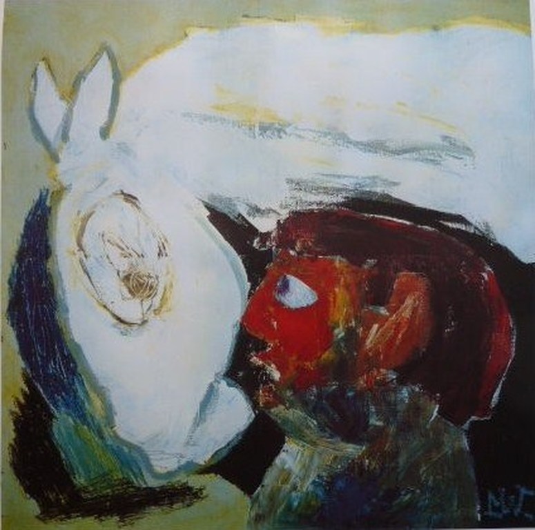 MARTIN van WORDRAGEN Gr Zeefdruk(80x85cm) MET MAN EN PAARD Handgesigneerd verkocht voor € 65!