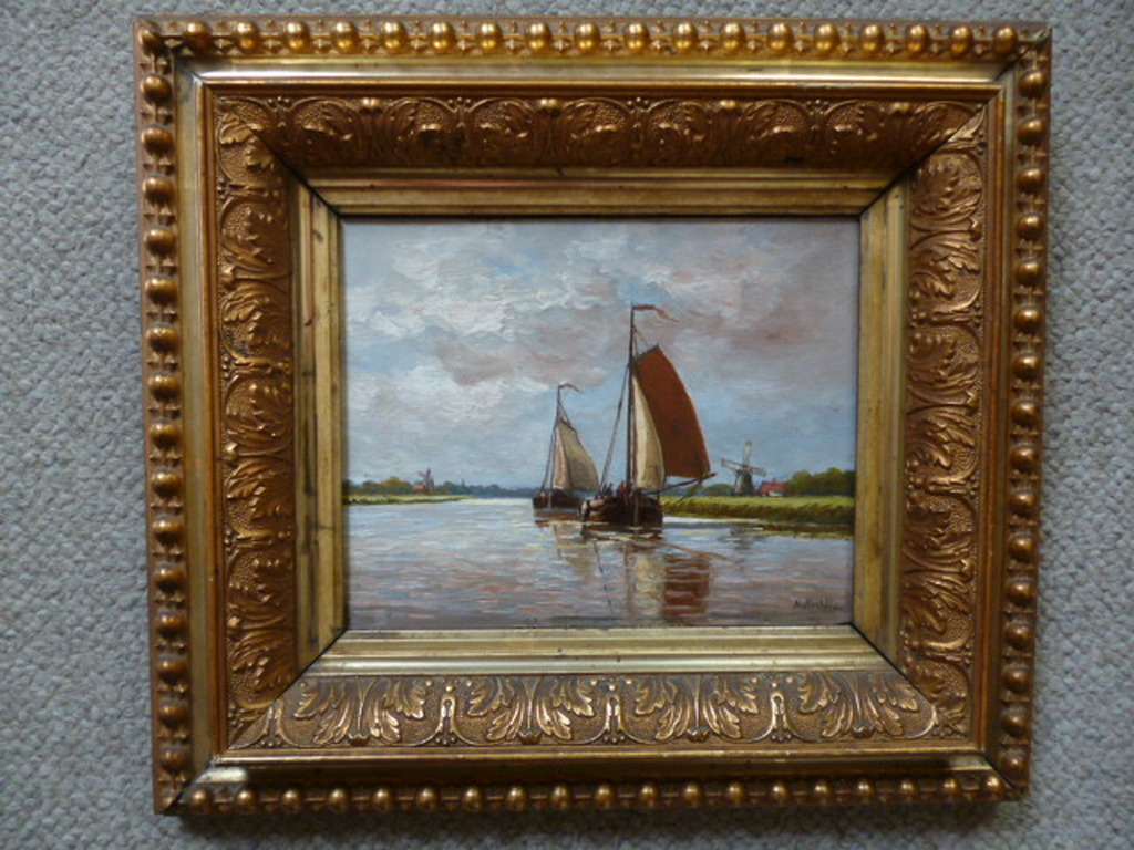 Hendrik Hulk - olieverf - Twee zeilboten op river verkocht voor € 500!