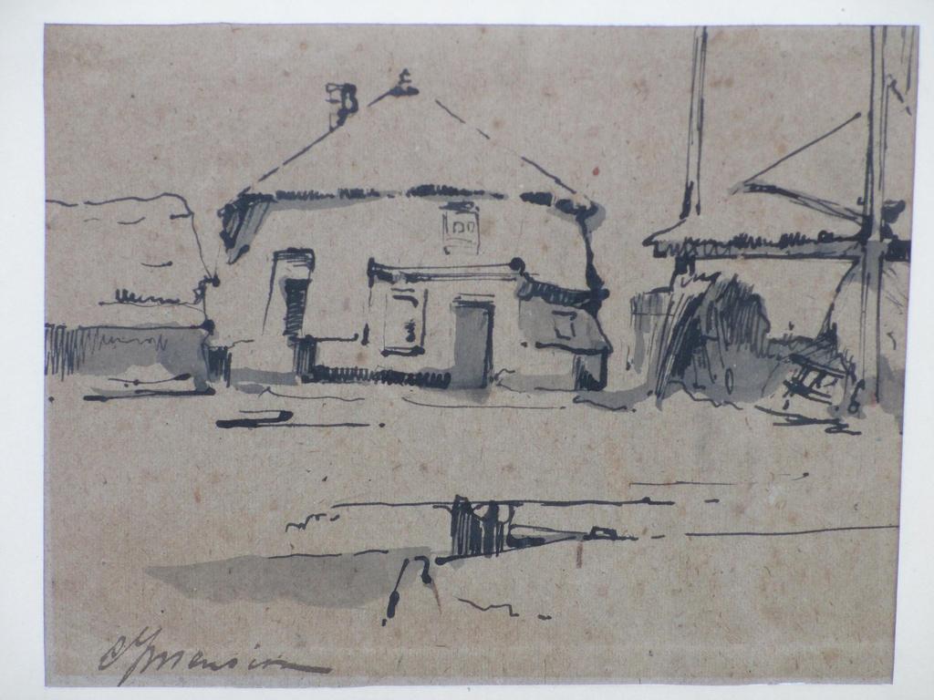 Cornelis Mension, Boerderij met hooiberg, Inkttekening verkocht voor € 45!