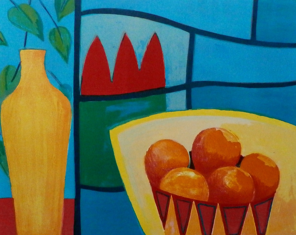 Fenneke van der Elst - zeefdruk:  Stilleven met kruik en sinaasappels - 1996 verkocht voor € 39!