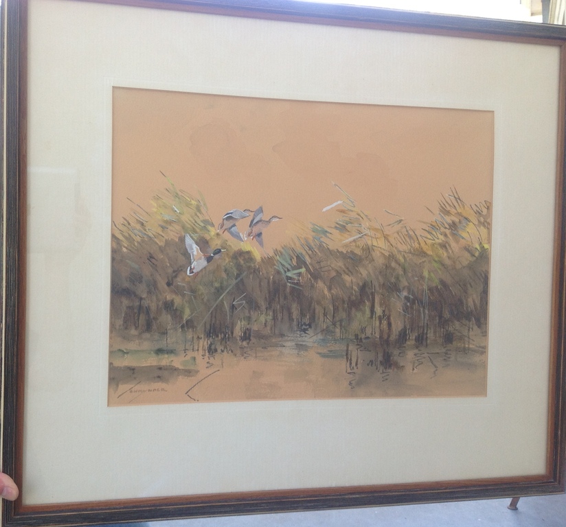 Jo Schrijnder, gemengde techniek, opvliegende eenden uit rietkraag kopen? Bied vanaf 250!