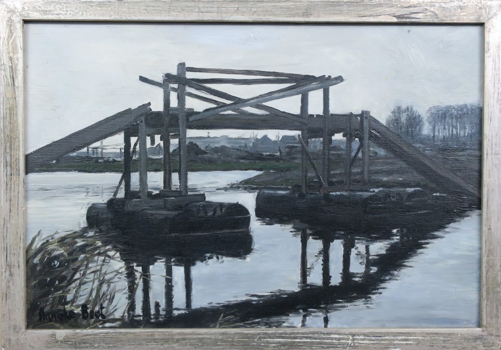 Anneke Boot: Olieverf op doek, Hollands landschap met brug - Ingelijst kopen? Bied vanaf 200!