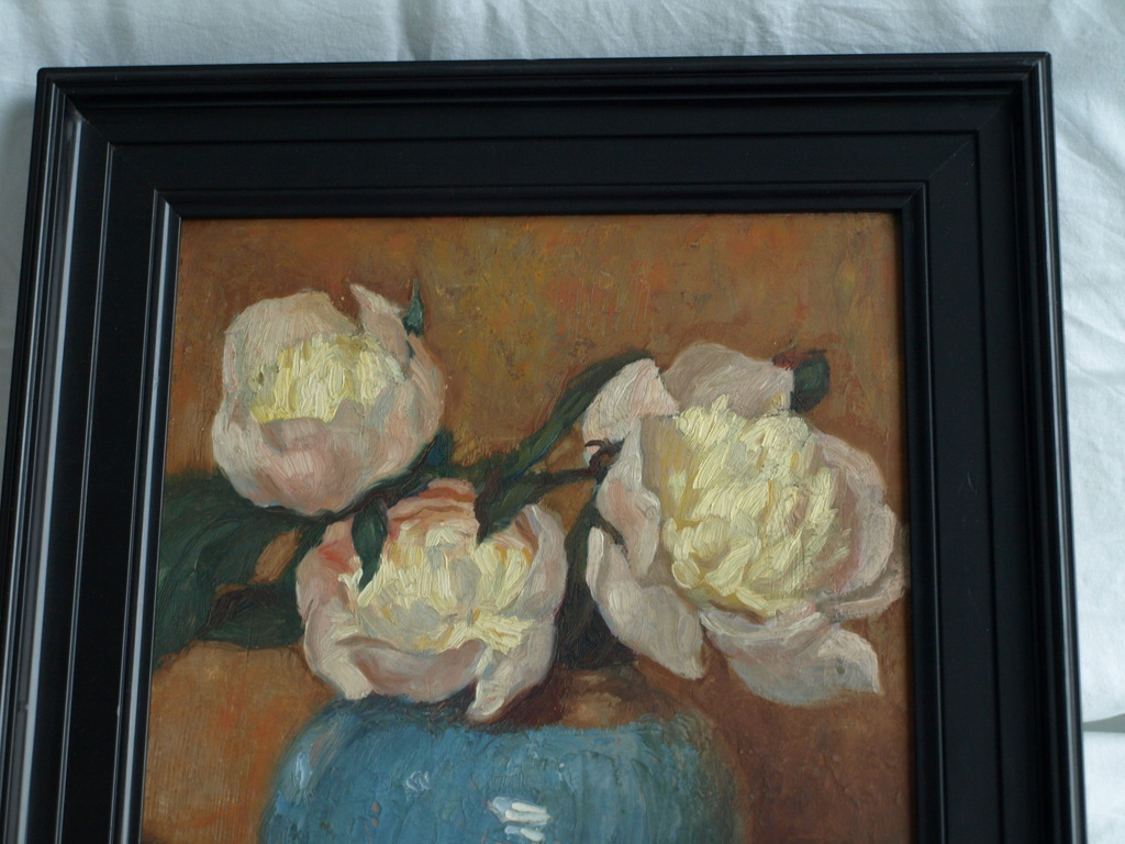Onduidelijke signatuur : Olieverf op paneel – Pioenrozen – ingelijst  kopen? Bied vanaf 1!