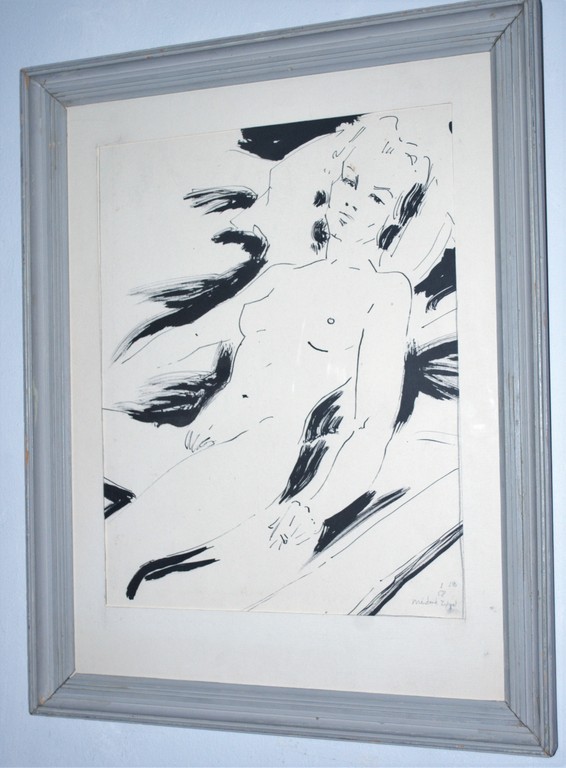 Médard Tytgat (Belgïë) - liggend naakt 1958 - mooi ingelijste inkttekening kopen? Bied vanaf 40!