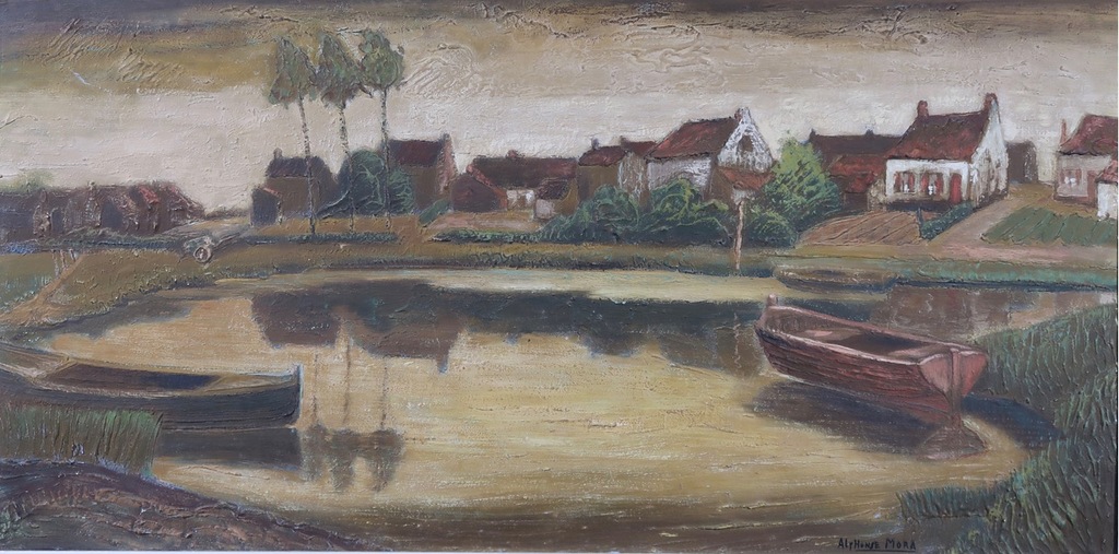 Alphonse Mora: Olieverf op paneel, Huisjes aan het water - Ingelijst (Groot) kopen? Bied vanaf 1!
