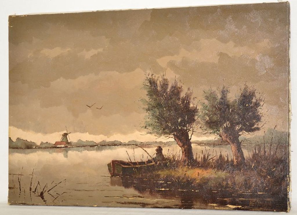 Willem Heytman: Olieverf op doek. Visser in landschap verkocht voor € 181!