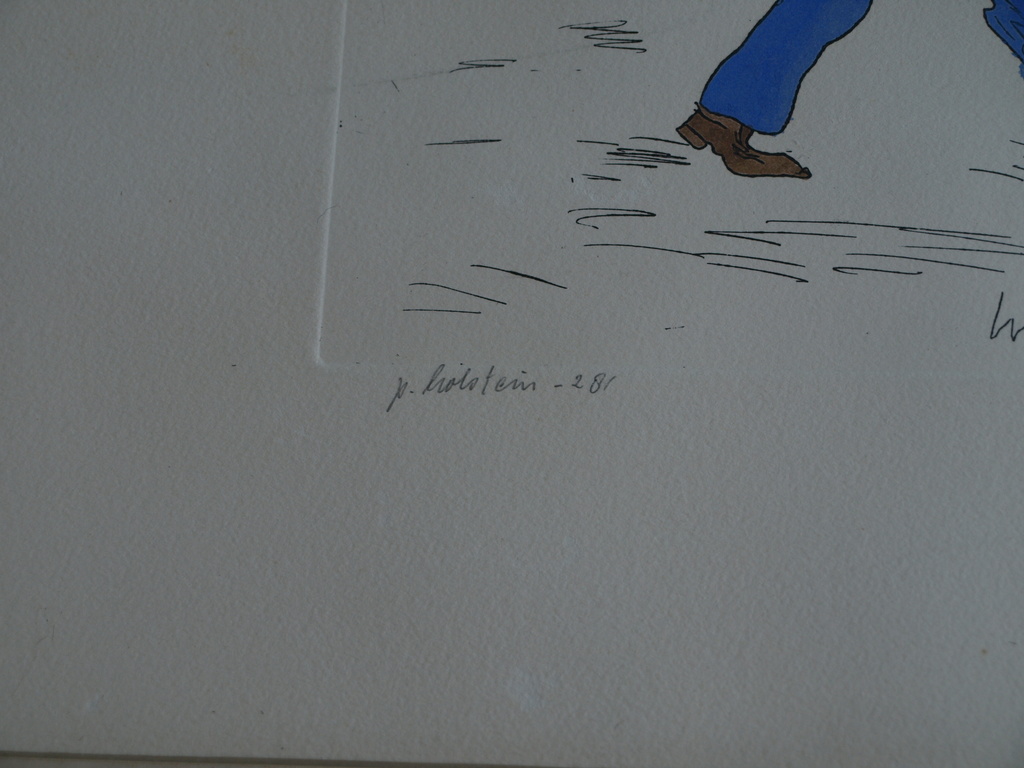 Pieter Holstein : Ingekleurde ets – Wat doet vader? – ingelijst – ca 1975 kopen? Bied vanaf 1!