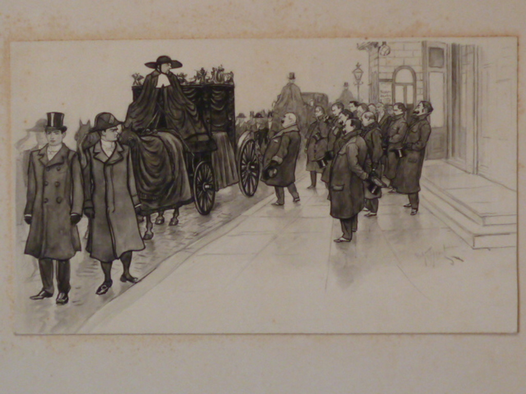 Cornelis Koppenol - gewassen inkttekening - Uitvaart van een toneelspeler verkocht voor € 200!