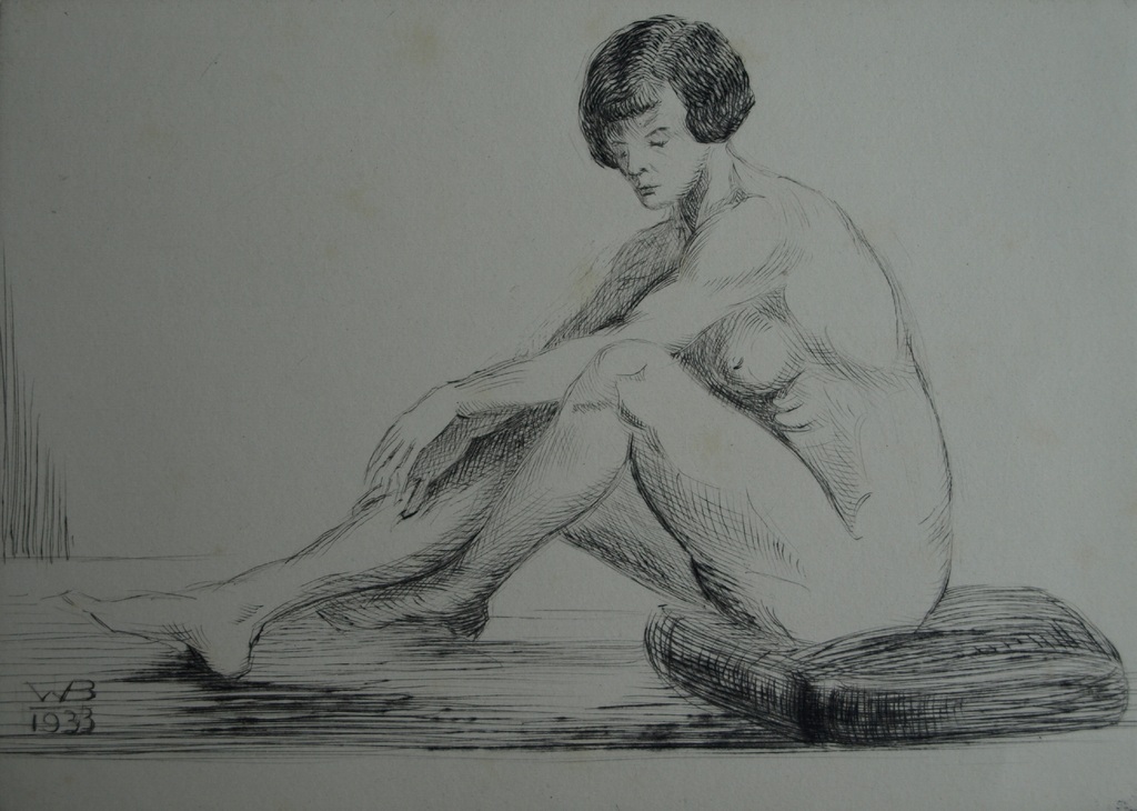 Gesigneerd: WB : Ets , Naakte vrouw op de grond - 1933 kopen? Bied vanaf 1!
