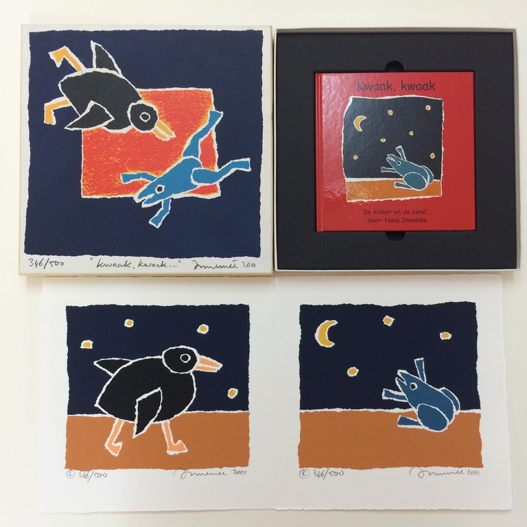 Doosje, bestaande uit 3 zeefdrukken en kinderboek " Kwaak, Kwaak" verkocht voor € 45!