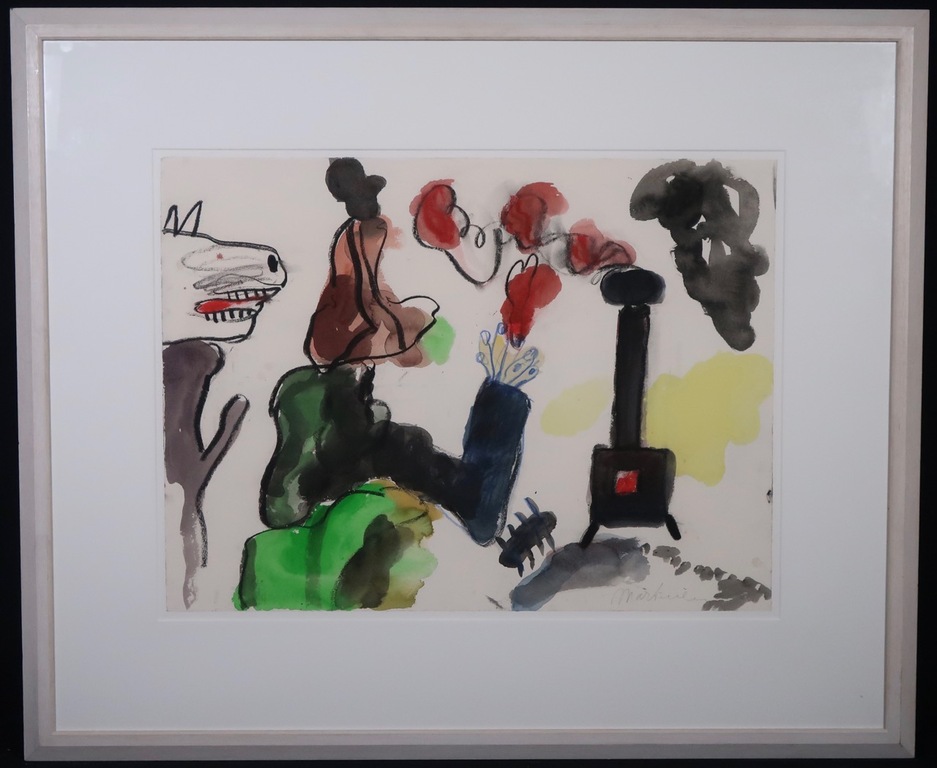Anton Martineau: Gouache, Man beest en kachel - Ingelijst verkocht voor € 150!