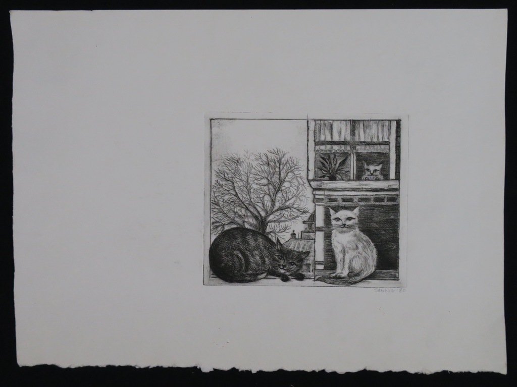 Onbekend gesigneerd (Jannie): Ets, Drie katten kopen? Bied vanaf 1!